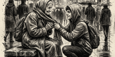 Young person tying scarf for elderly woman sitting on bench on rainy city street