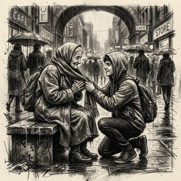 Young person tying scarf for elderly woman sitting on bench on rainy city street