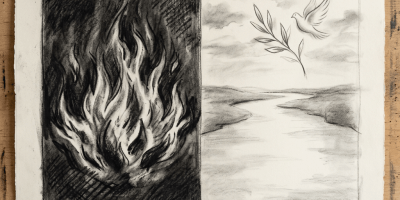Charcoal drawing with fire flames on left and dove holding olive branch above river on right