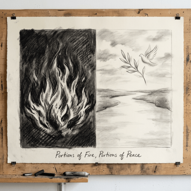 Charcoal drawing with fire flames on left and dove holding olive branch above river on right