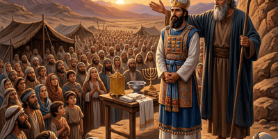 A priest in ornate robes and a bearded elder with a staff stand before a crowd of Israelites gathered around a table with religious artifacts during sunset