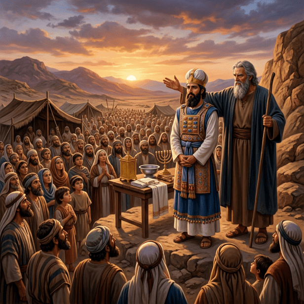 A priest in ornate robes and a bearded elder with a staff stand before a crowd of Israelites gathered around a table with religious artifacts during sunset