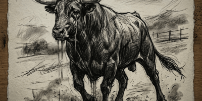 Charcoal sketch of a bull running on a textured paper with a pencil beside it