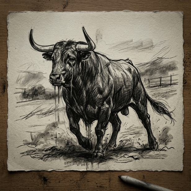 Charcoal sketch of a bull running on a textured paper with a pencil beside it