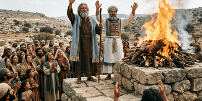 Two men standing on stone altar with a large fire while crowd prays