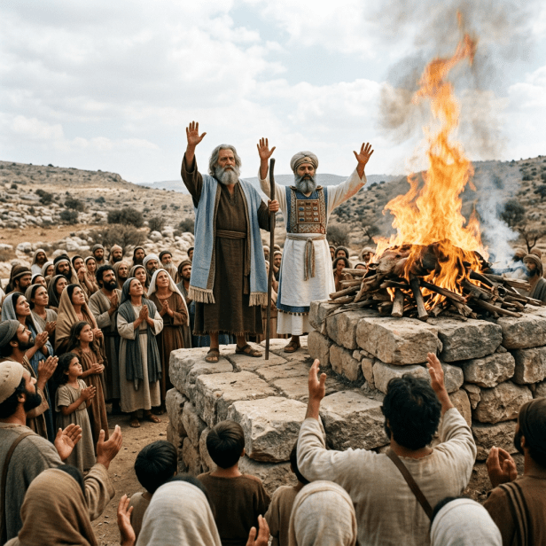 Two men standing on stone altar with a large fire while crowd prays
