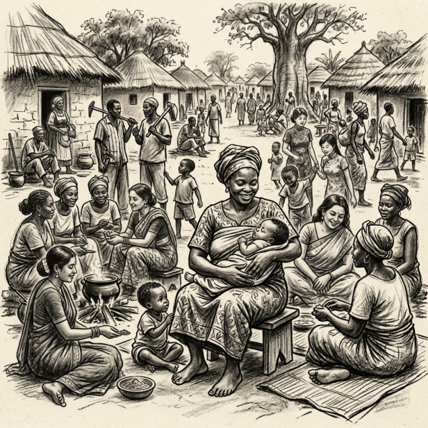 African village with people socializing, women cooking, and a mother holding a baby