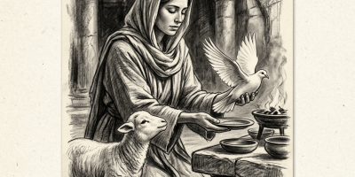 A woman in a hooded robe kneeling at an altar holding a dove with a lamb beside her