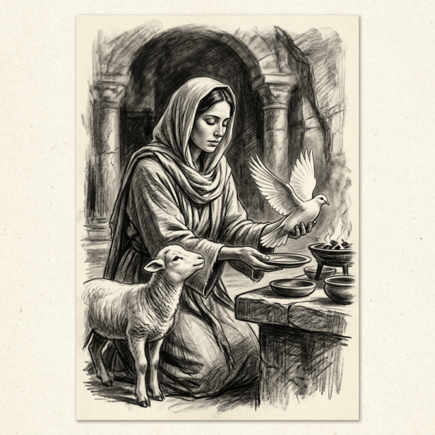 A woman in a hooded robe kneeling at an altar holding a dove with a lamb beside her