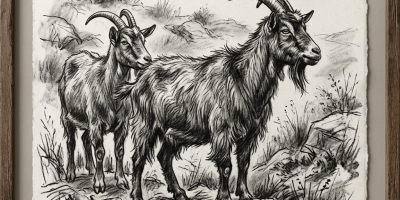 Two mountain goats with long curved horns standing on rocky ground surrounded by grass and small plants