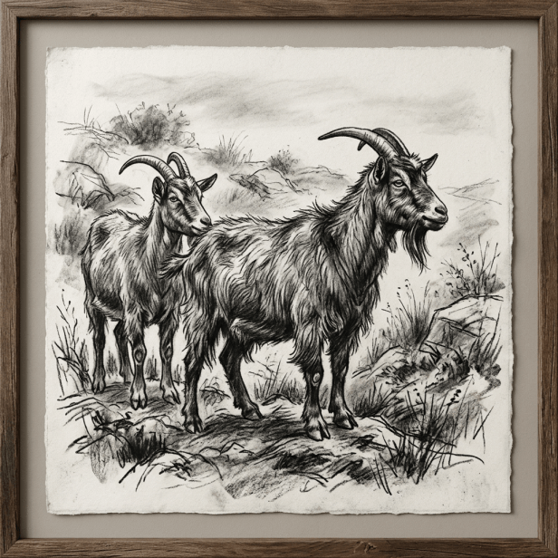 Two mountain goats with long curved horns standing on rocky ground surrounded by grass and small plants