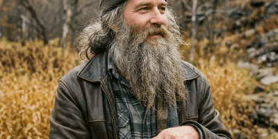 Bearded man in beanie and leather jacket holding a walking stick outdoors