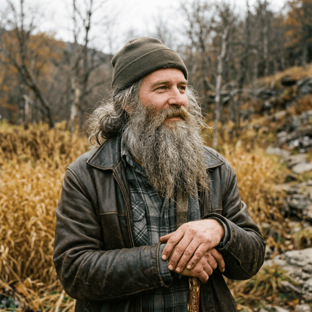 Bearded man in beanie and leather jacket holding a walking stick outdoors