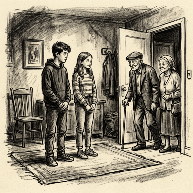 Two teenagers welcoming an elderly couple through an open doorway