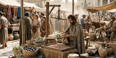Ancient marketplace with signs reading “AGORA OF LYCIA,” “HONEST MEASVRES,” and “PRODVECE”