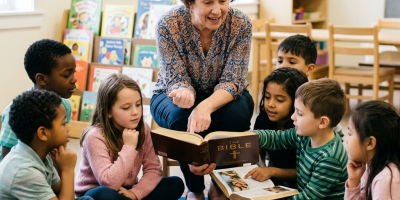 Teacher reading a Bible with children gathered around in a classroom