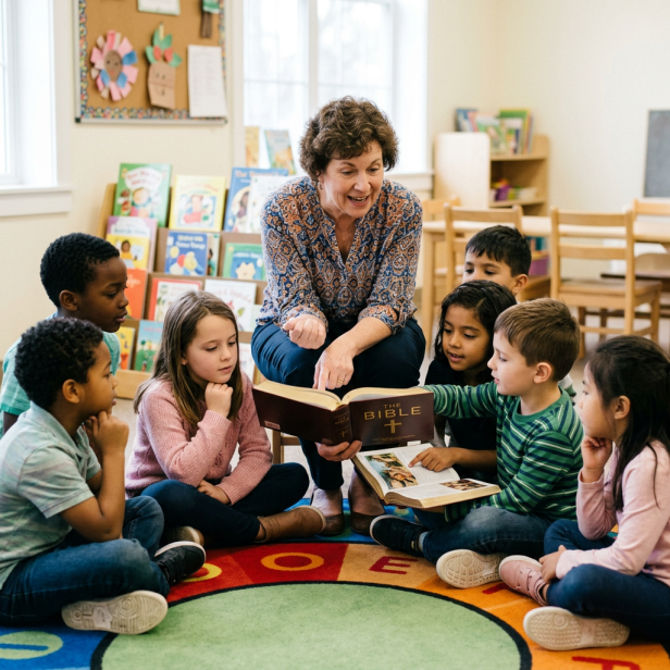 Teacher reading a Bible with children gathered around in a classroom